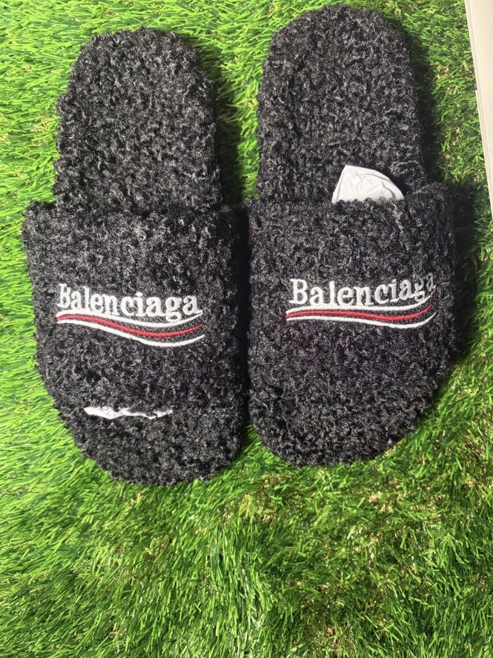 Men's Black Fuzzy Logo Slide Slippers